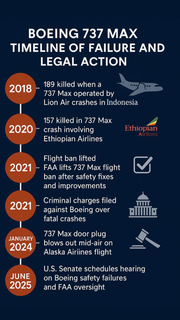 Infographic showing Boeing 737 Max failure timeline from 2018 to June 2025, including fatal crashes, FAA flight ban, legal charges, and a US Senate hearing on Boeing’s safety practices.
