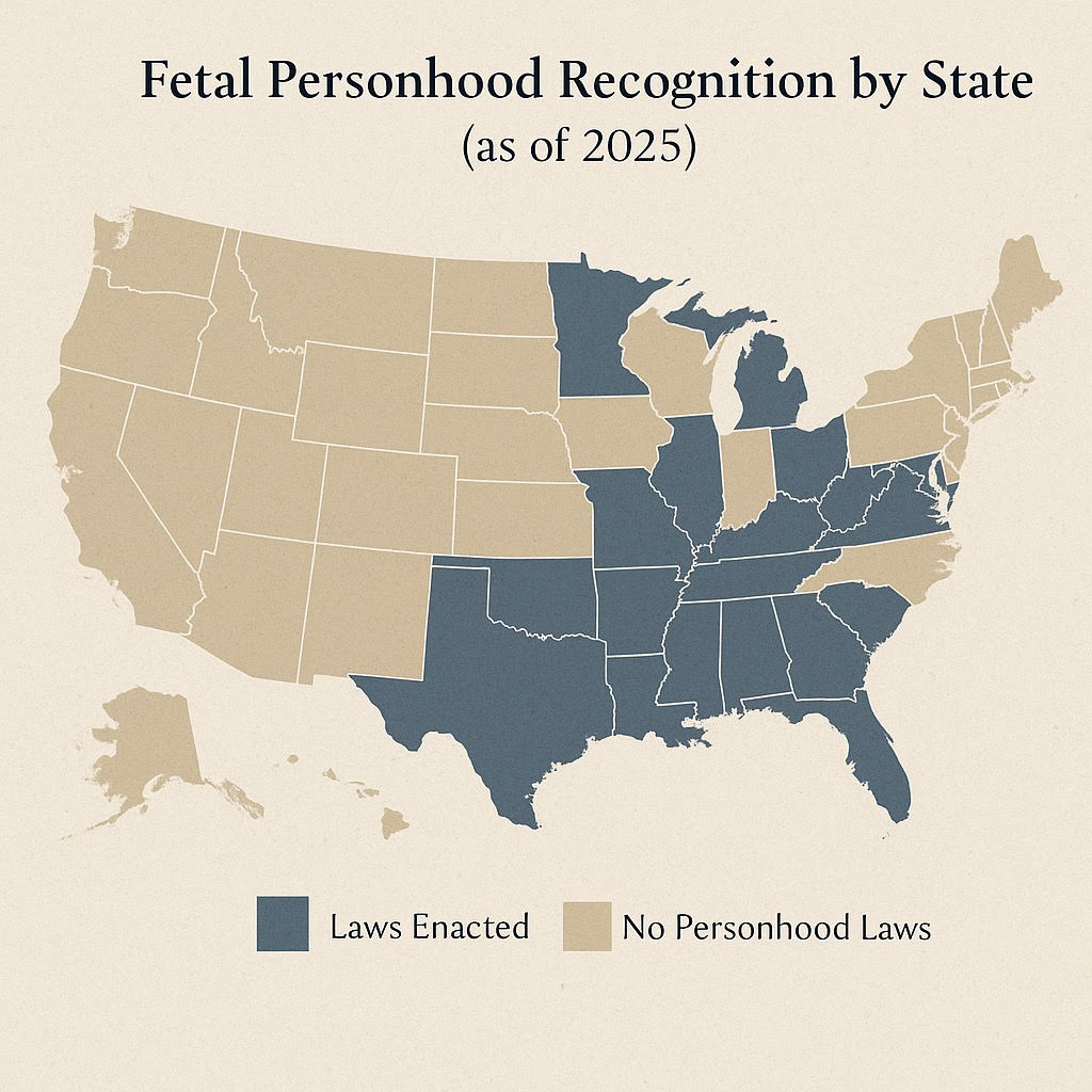 Choropleth map of the U.S. showing states with and without fetal personhood laws in 2025