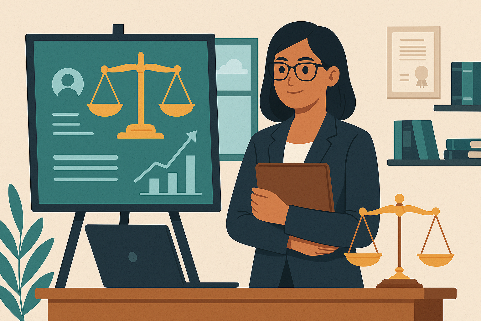 Illustration showing a confident Indian legal consultant working independently with global clients, symbolizing success in freelance legal consulting in India