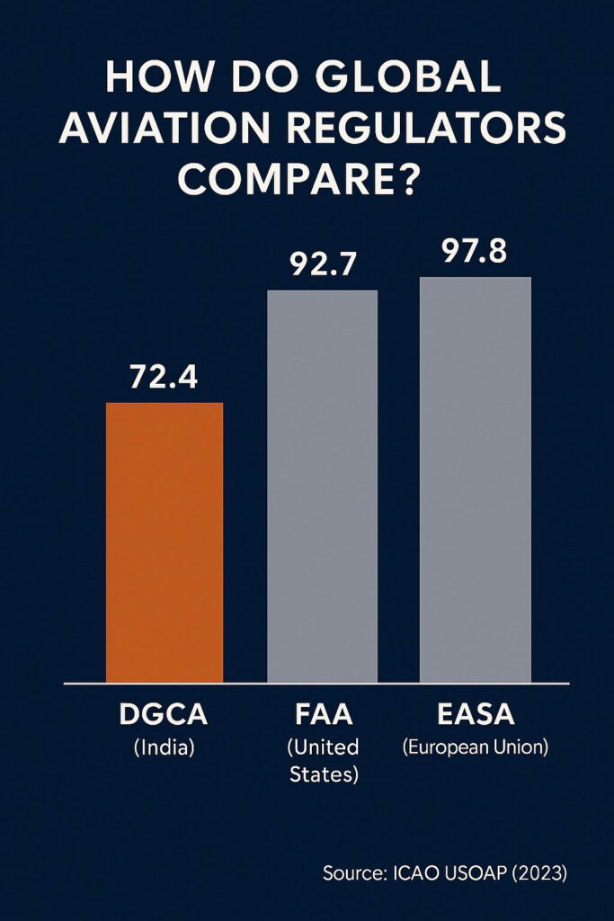 Bar chart comparing safety oversight scores of global aviation regulators: DGCA (India), FAA (United States), and EASA (European Union) based on ICAO USOAP audit results.
