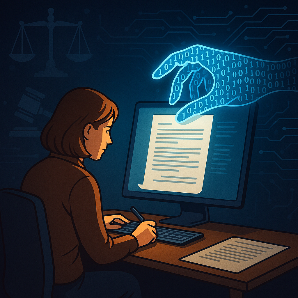 A female author works at her desk while a glowing digital hand made of binary code reaches into her computer screen, symbolizing unauthorized AI data extraction.