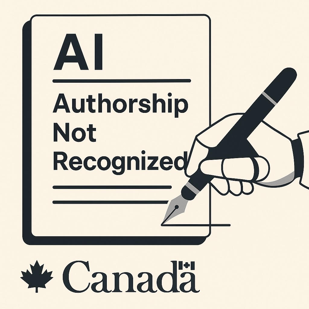 Illustration showing Canada’s stance on AI and copyright, with government buildings, an AI-brain symbol, and a split visual of “Not Eligible” vs. “Protected with Human Input” to represent how only human-authored or AI-assisted content can be copyrighted under Canadian law.