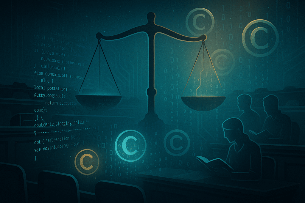 A symbolic courtroom with lines of code on one side and ghostlike authors on the other, representing the AI copyright dispute between creators and tech giants.