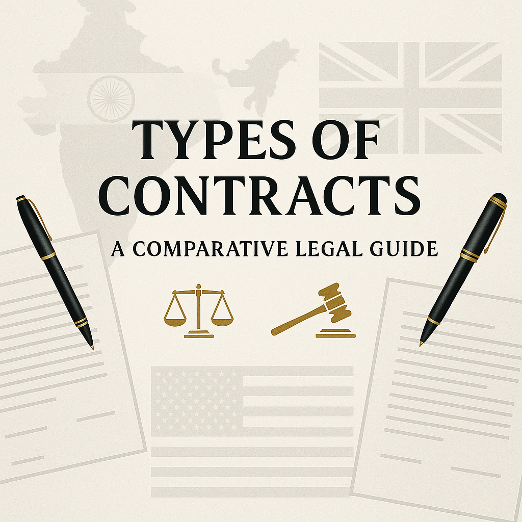 Infographic showing types of contracts with icons for NDA, freelancer, and services across Indian, U.S., and U.K. jurisdictions.