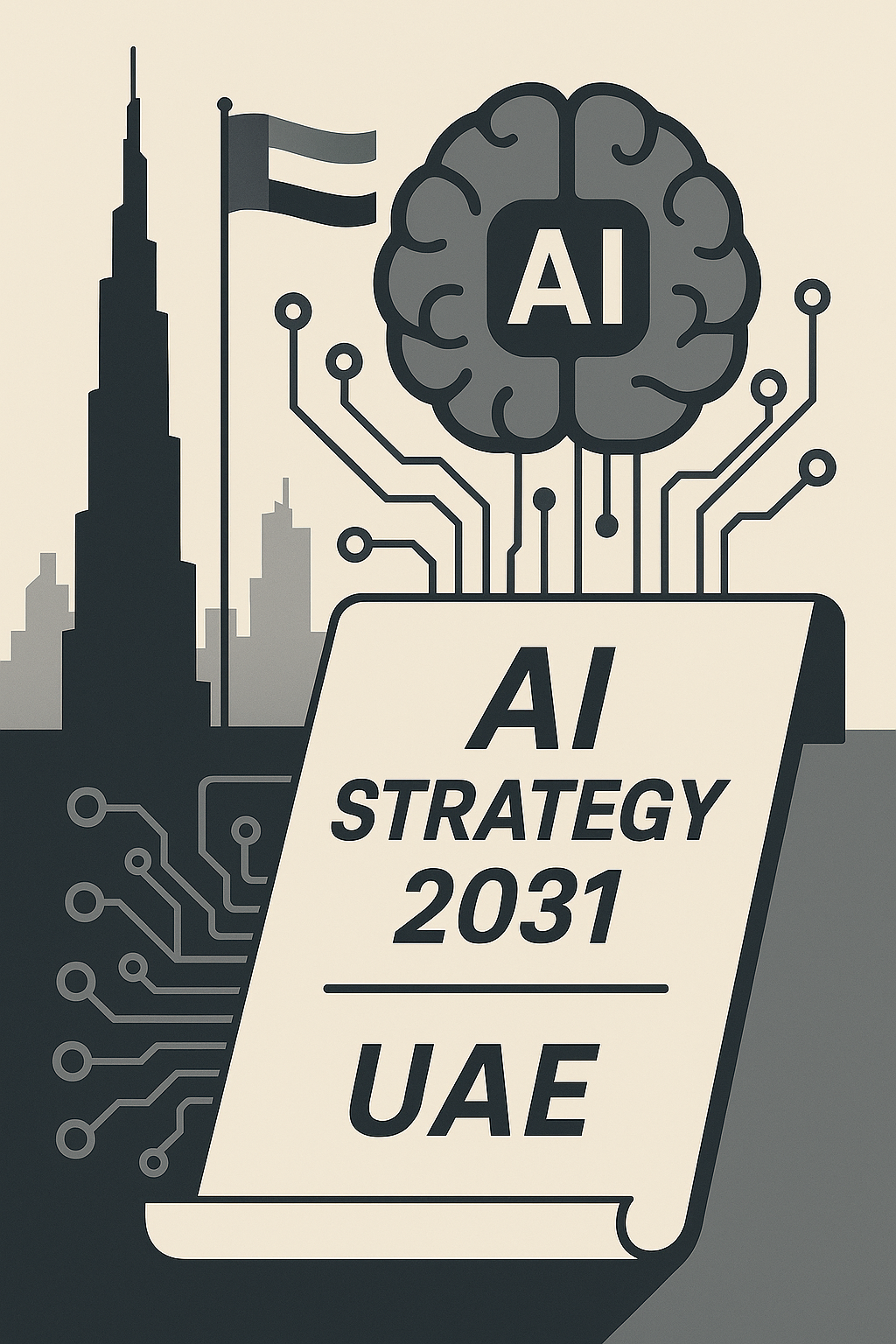 Illustration of UAE’s AI Strategy 2031 featuring a brain-shaped AI symbol, digital circuits, Burj Khalifa, and official document, representing the country's tech-driven approach to AI & copyright law.