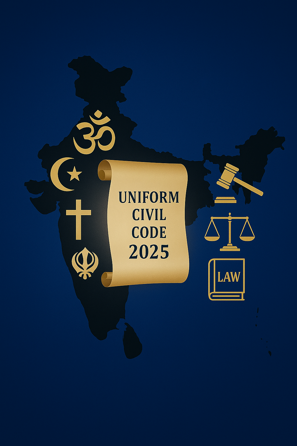 Map of India divided into religious and legal symbols with Uniform Civil Code 2025 scroll at the center