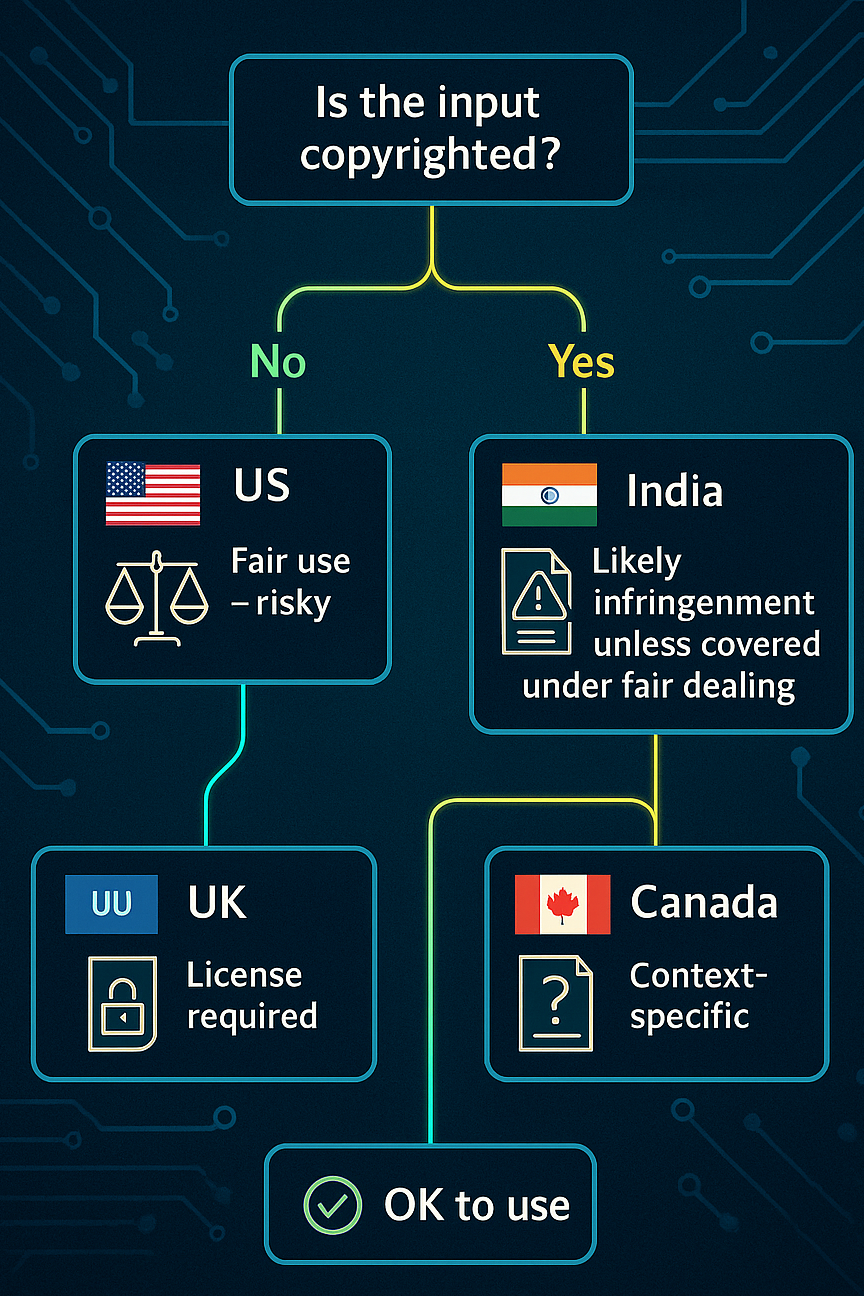 Flowchart showing how the legality of AI inputs depends on copyright status and jurisdiction, with guidance for the US, UK, India, and Canada.