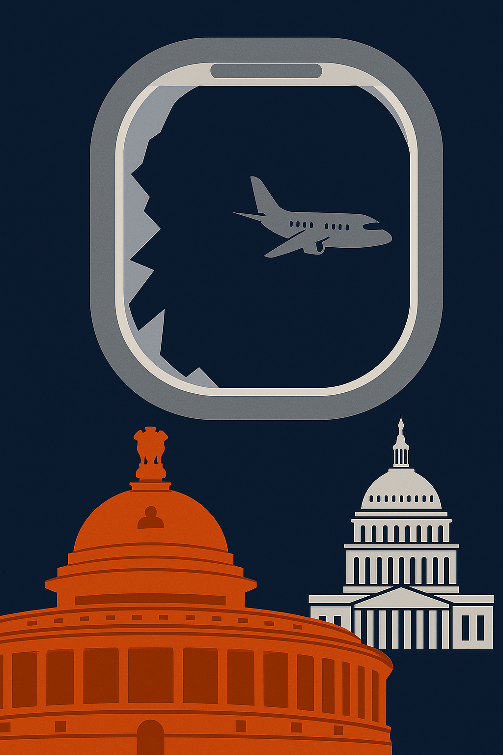 Cracked airplane window with Indian Parliament in burnt orange and US Capitol in white, symbolizing aviation accountability and regulatory contrast between India and the United States.