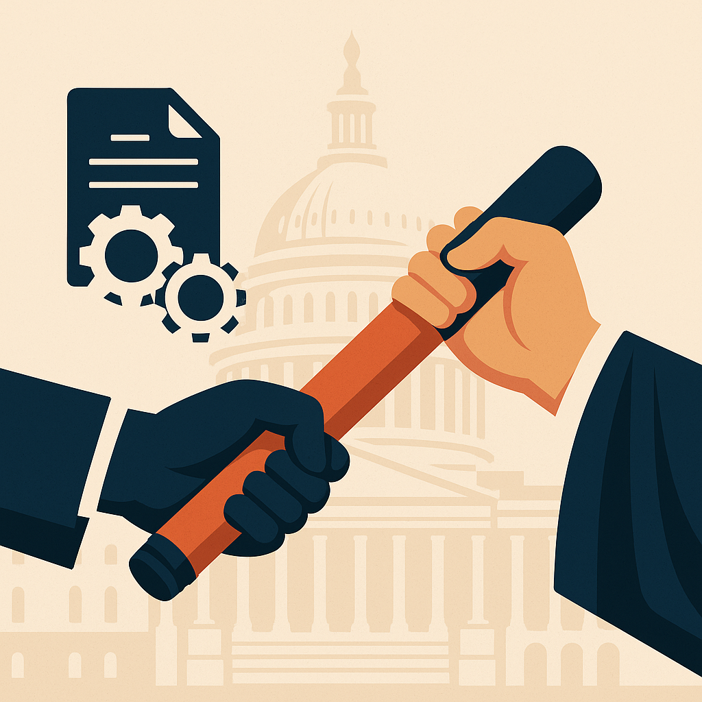 Illustration showing legal authority shifting from administrative agencies to courts, symbolized by a baton handoff between regulatory and judicial figures.