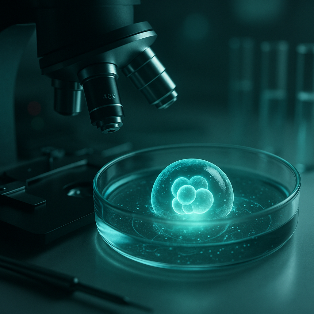 Synthetic embryo under microscope in futuristic biotech lab.