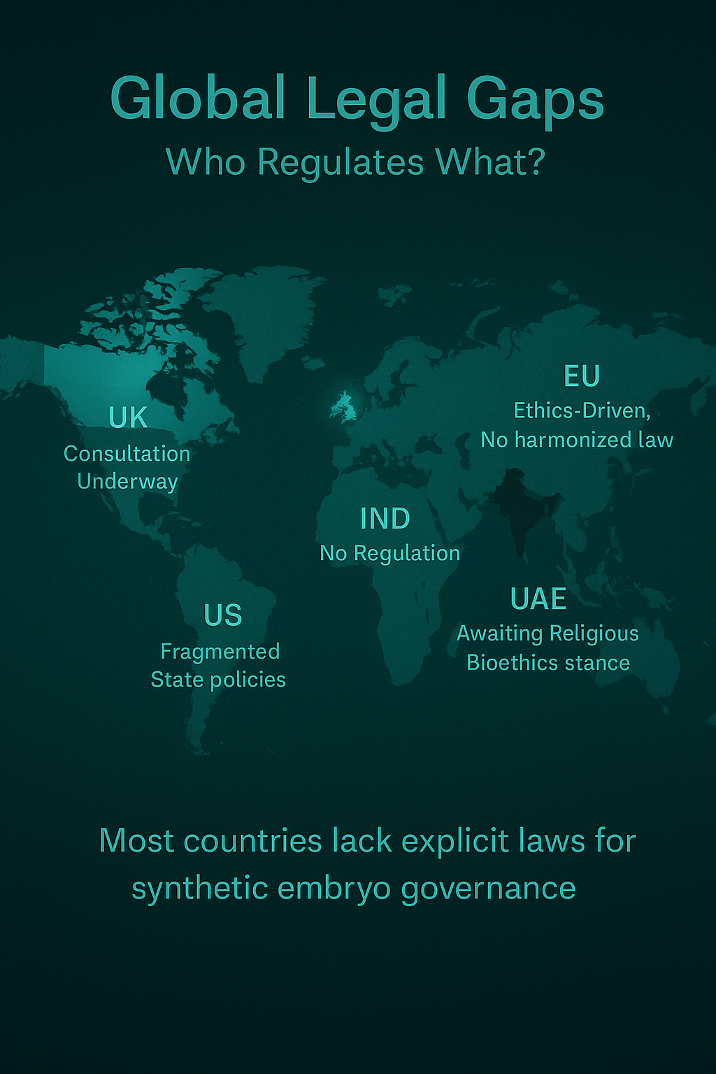 World map showing absence of synthetic embryo laws across regions.