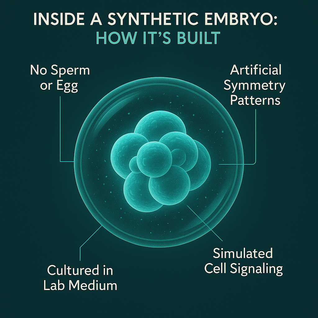 Diagram showing labeled parts of a synthetic embryo formed without sperm or egg.