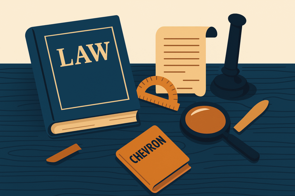 Illustration of a judge selecting interpretive tools like textualism and constitutional reasoning, representing how courts replace Chevron Deference with independent analysis.