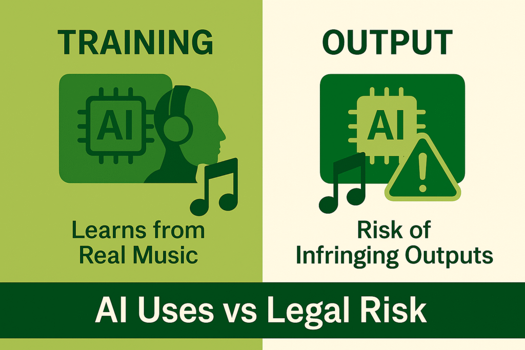 Three-part infographic showing how artists, developers, and lawyers should navigate music copyright in 2025.