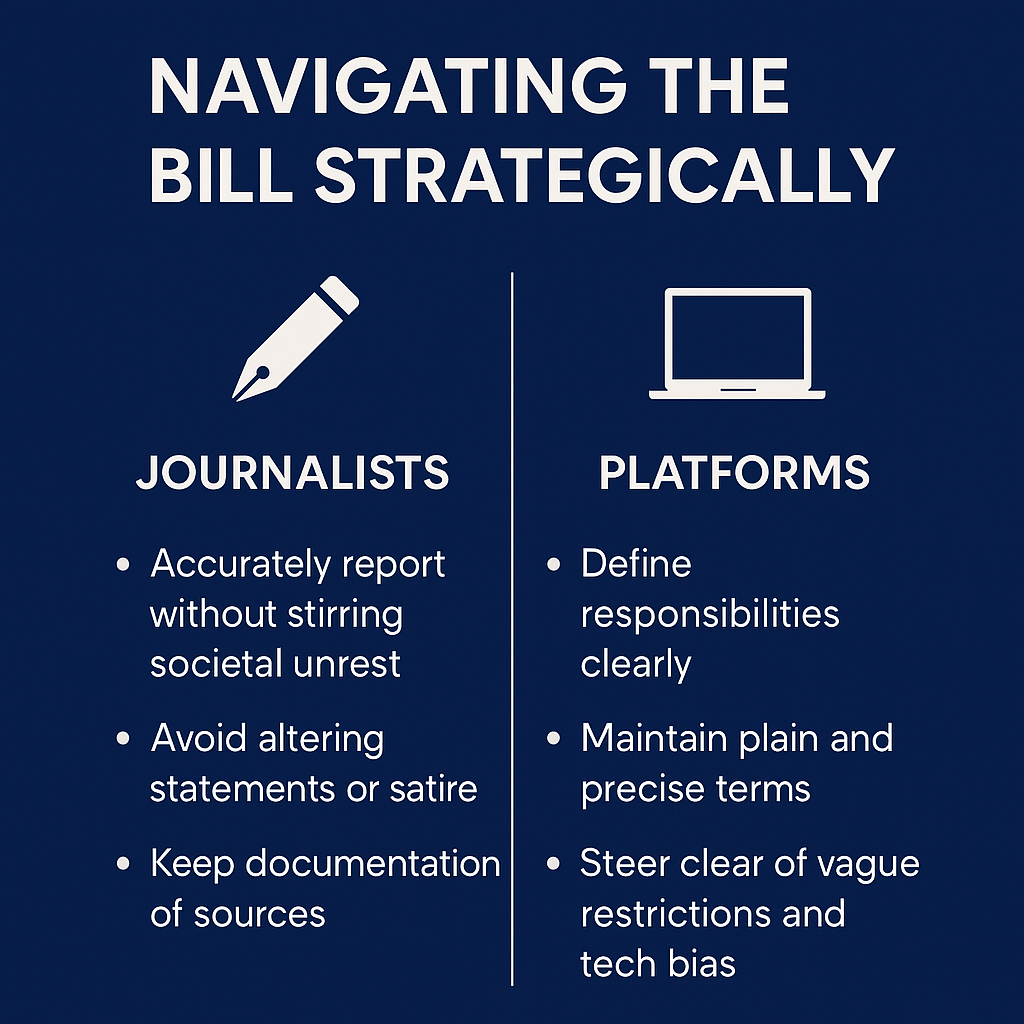 A blue and white infographic outlining responsibilities of journalists and digital platforms under the Karnataka Fake News Bill 2025.