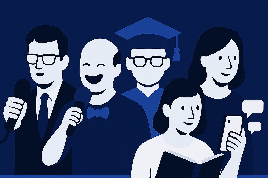 Flat-design illustration in dark blue, black, and white showing symbolic figures of journalists, comedians, academics, creators, NGOs, and authors being silenced.