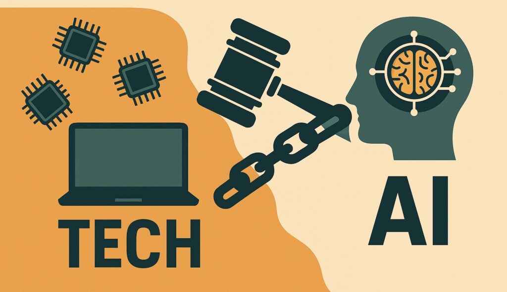 Illustration representing legal complexity in AI, tech, and data sectors following the end of Chevron Deference, showing fractured layers of law and digital systems.