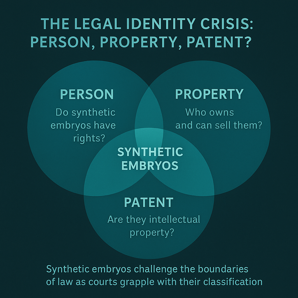 Venn diagram showing how synthetic embryos intersect questions of personhood, property, and patents.