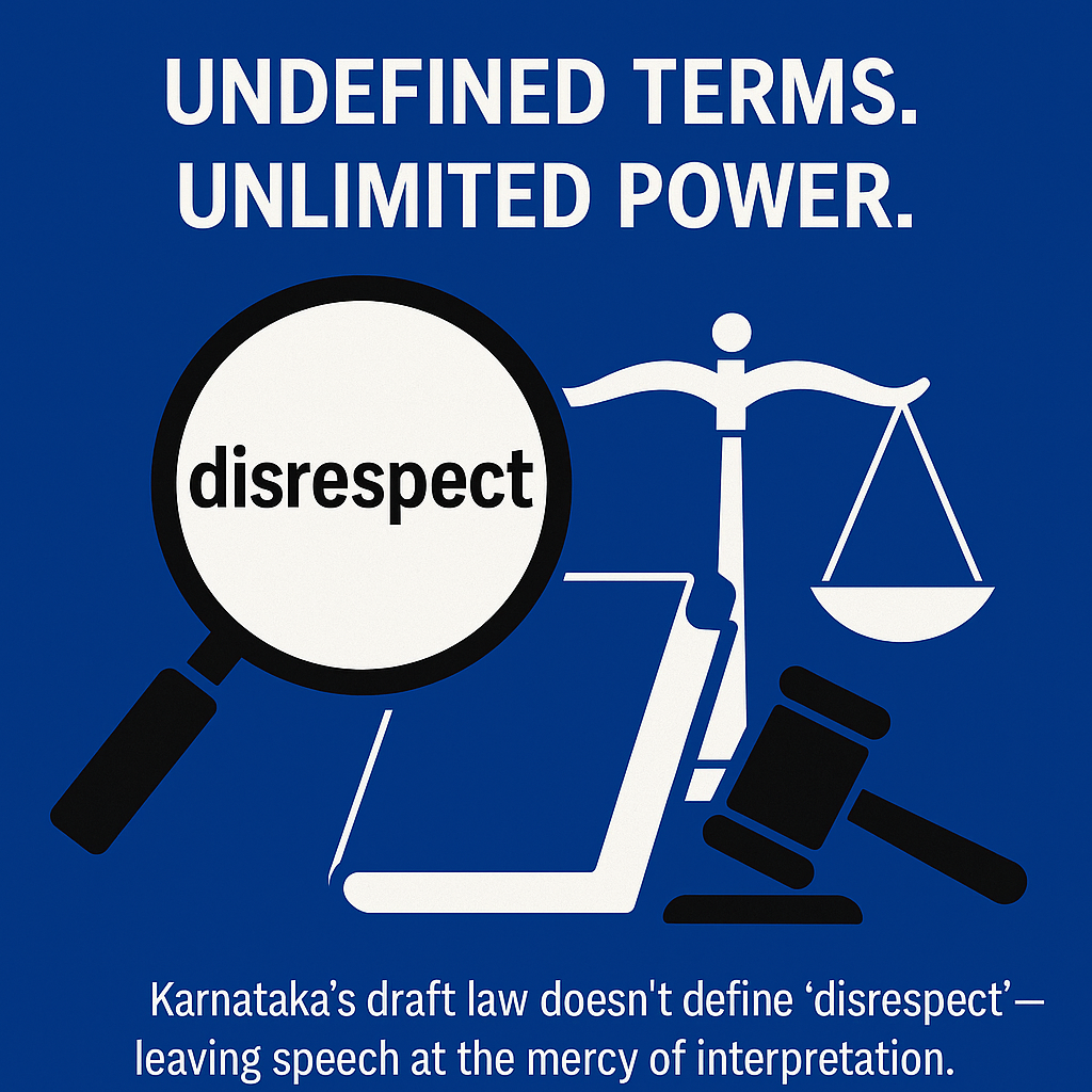 A magnifying glass highlighting the word “disrespect” beside unbalanced scales and a gavel, symbolizing vague legal language in Karnataka’s 2025 draft law.