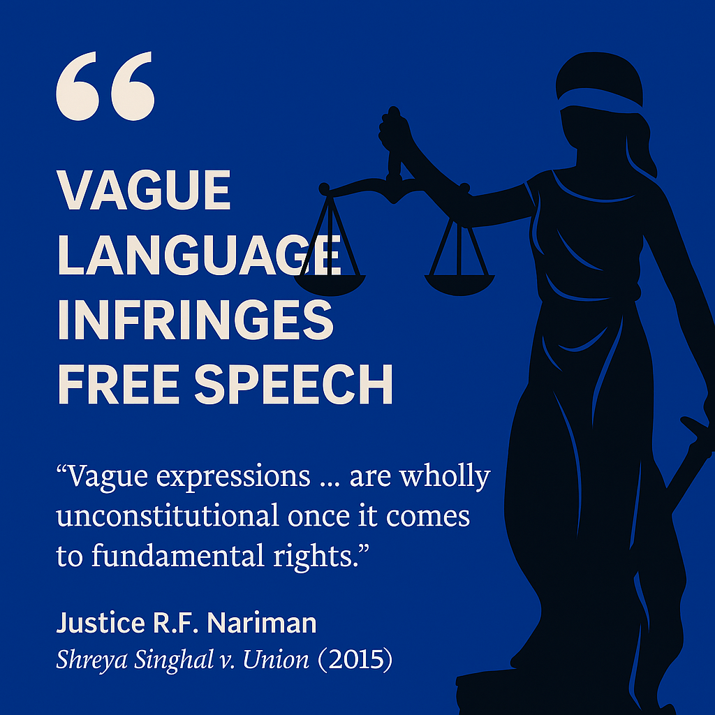 Quote from Justice R.F. Nariman on vague legal expressions violating fundamental rights, with Lady Justice and deep blue theme