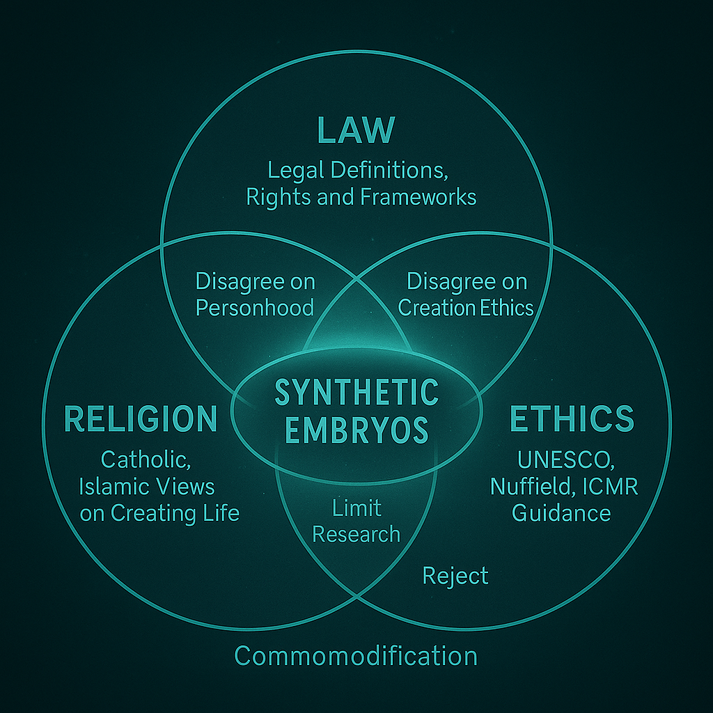 Venn diagram showing the intersection of law, religion, and ethics in regulating synthetic embryos.