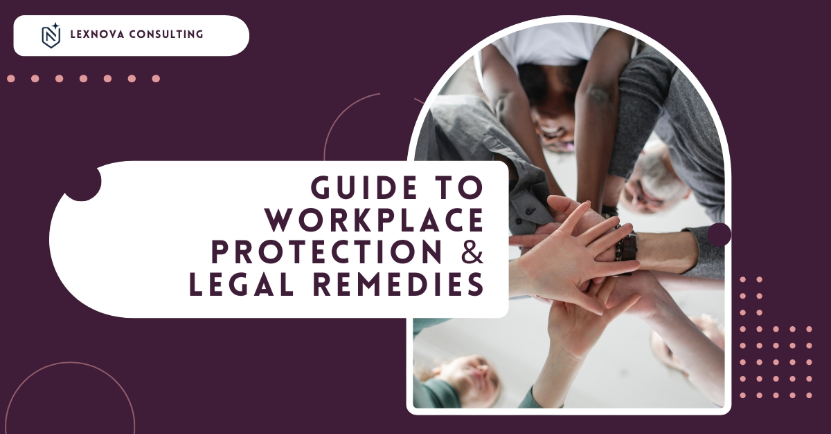 Hands of diverse professionals joining together in unity, symbolizing workplace protection, employee rights, and legal remedies in India.