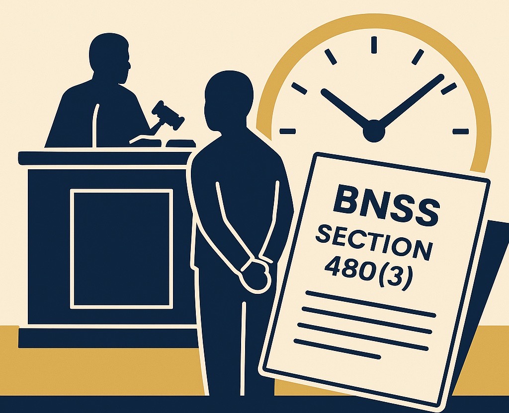 Flat vector-style illustration symbolizing judicial interpretation of default bail under BNSS Section 480(3)