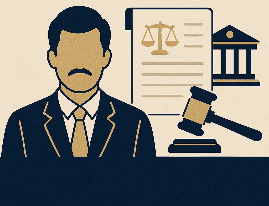 Digital illustration of a legal courtroom scene with documents and a gavel symbolizing Sameer Khan v. State bail conditions case.